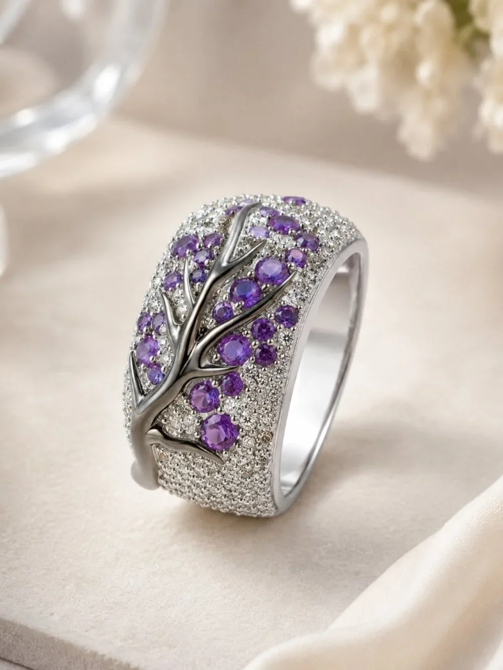Sterling Silver Tree Branch Purple Clear CZ Statement Ring 925 SZ 5 NWT